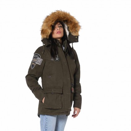 Von Dutch women's khaki Stan jacket with removable fur hood